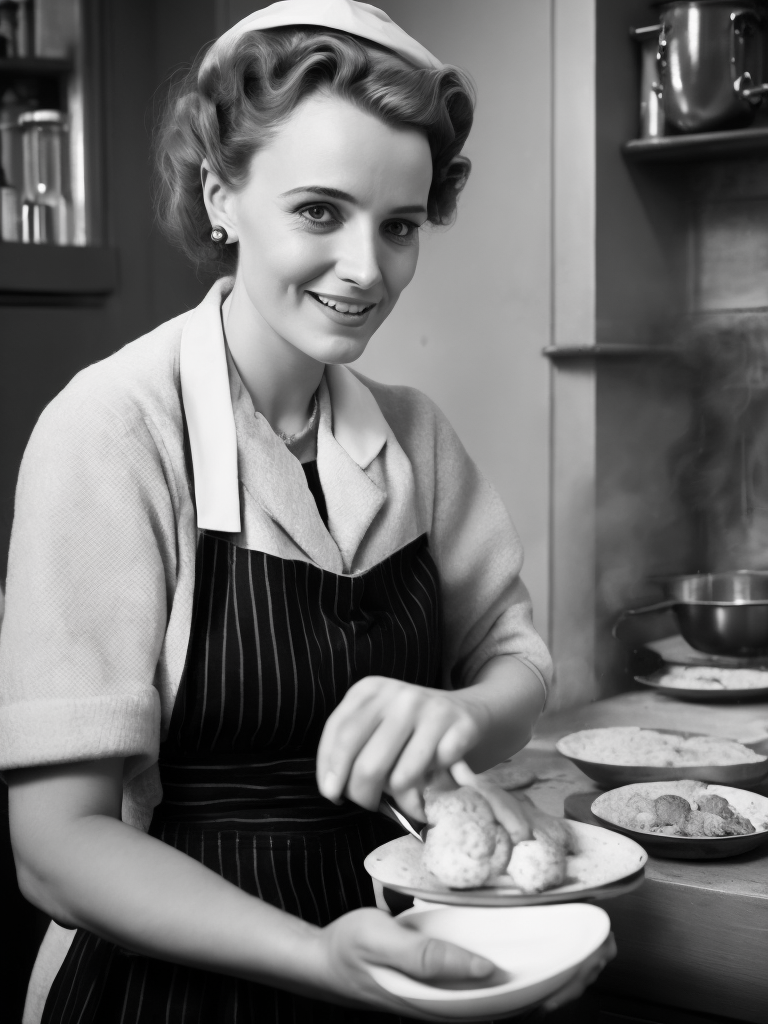 Portrait a young beautiful 1950s british housewife cooking cookies with children in kitchen anatomically correct. beautiful fingers on hand, extremely detail in kitchen. perfect composition and lighting. sharp focus. high - contrast surrealistic photorealism.