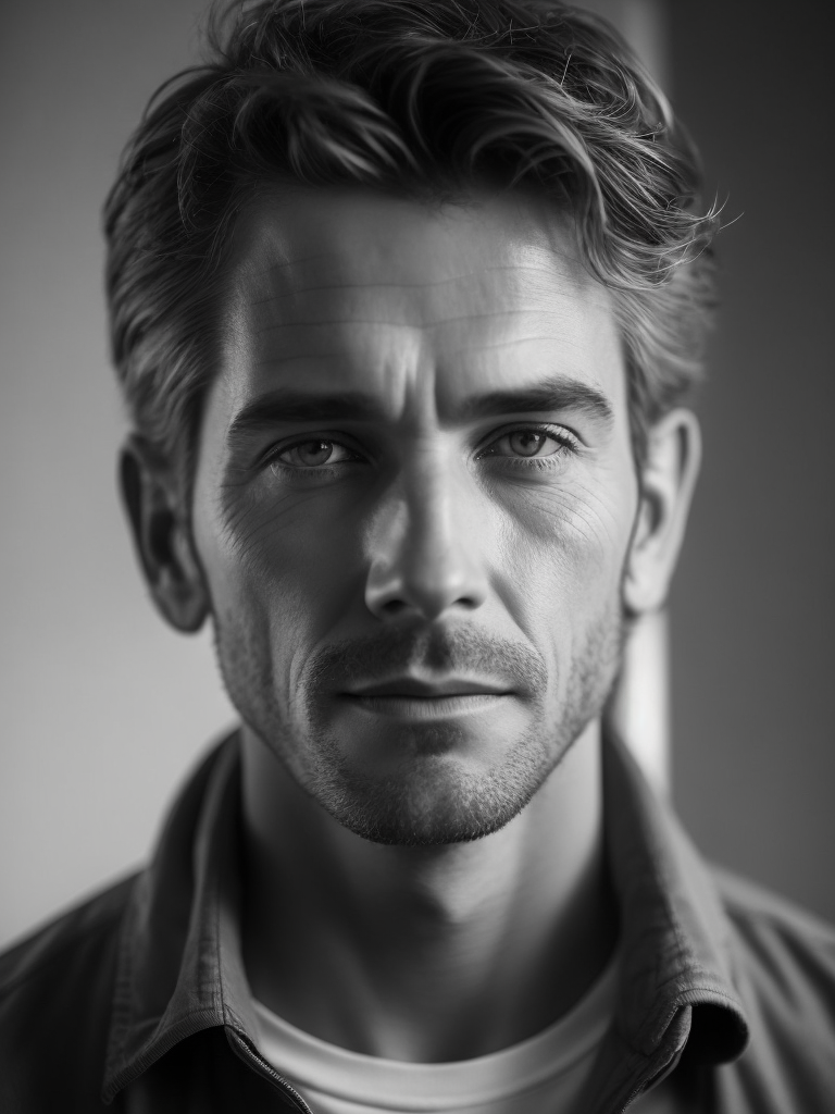 A realistic photo of a 40-year-old man is featured on the homepage., the man has a rugged and weathered look, with a few wrinkles and lines on his face that tell the story of his life experiences., his eyes show a depth of knowledge and understanding, with a sense of calm and confidence., the photo captures him in a natural setting, with a background that complements his personality., black and white photography, color photography, portrait, candid shot, environmental portrait, natural lighting, high contrast