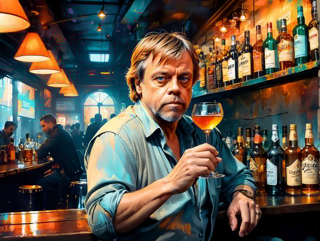 Mark Hamill down on his luck drinking scotch in a sleazy bar
