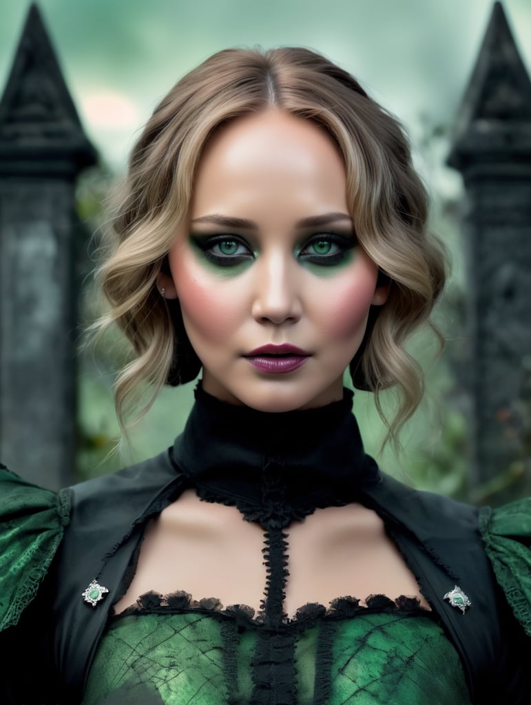 Portrait of Jennifer Lawrence in a sinister costume for Halloween, scary makeup on his face, dark atmosphere, vintage style, green and pink colors, highly detailed photo, professional photo, against the backdrop of an old creepy cemetery, contrasting light, bright colors