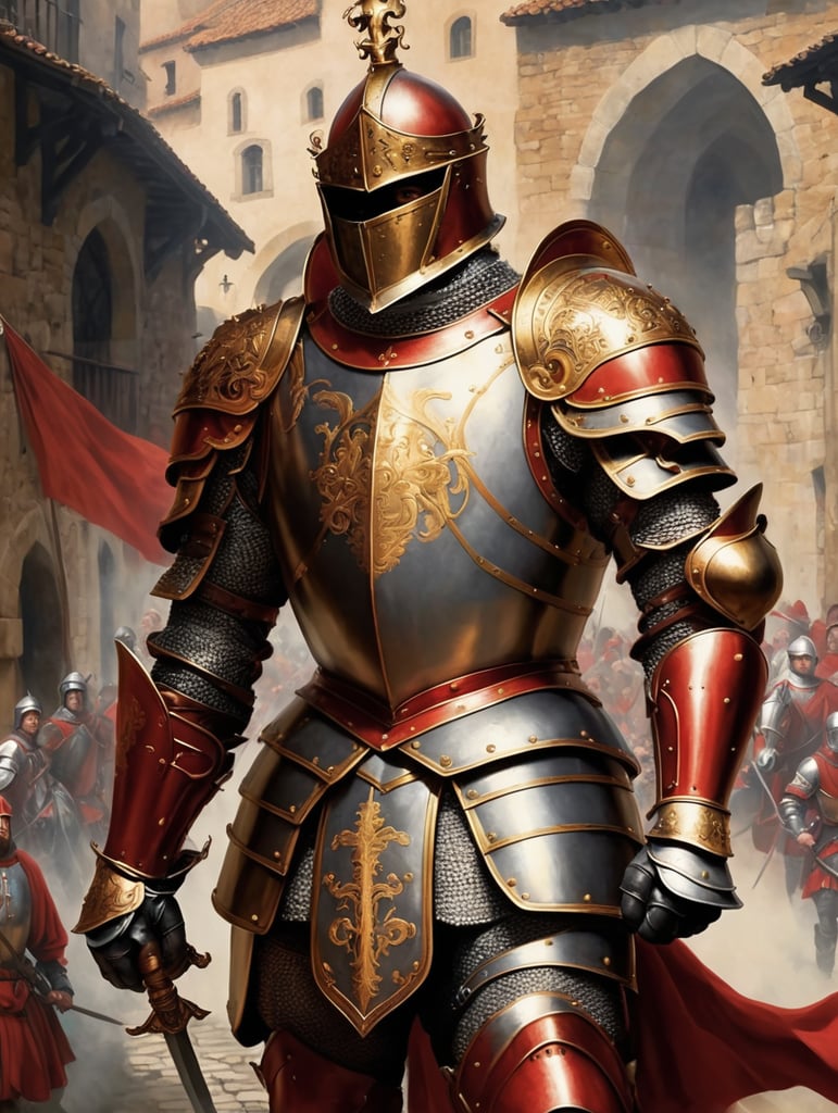 Annibale Carracci painting. Army of knights in red medieval armor marching through a medieval town. stone street. shocked onlookers.