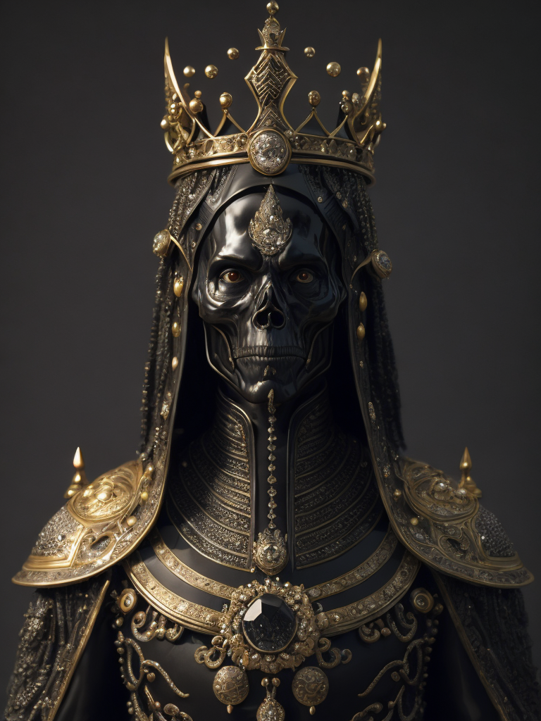 full body obsidian sculpture of the ruler of the dead and the underground, made of all black materials, reflective black obsidian bones, bejeweled armour and crown, sharp, extremely detailed, extremely intricate, volumetric lighting, photorealistic, 8k