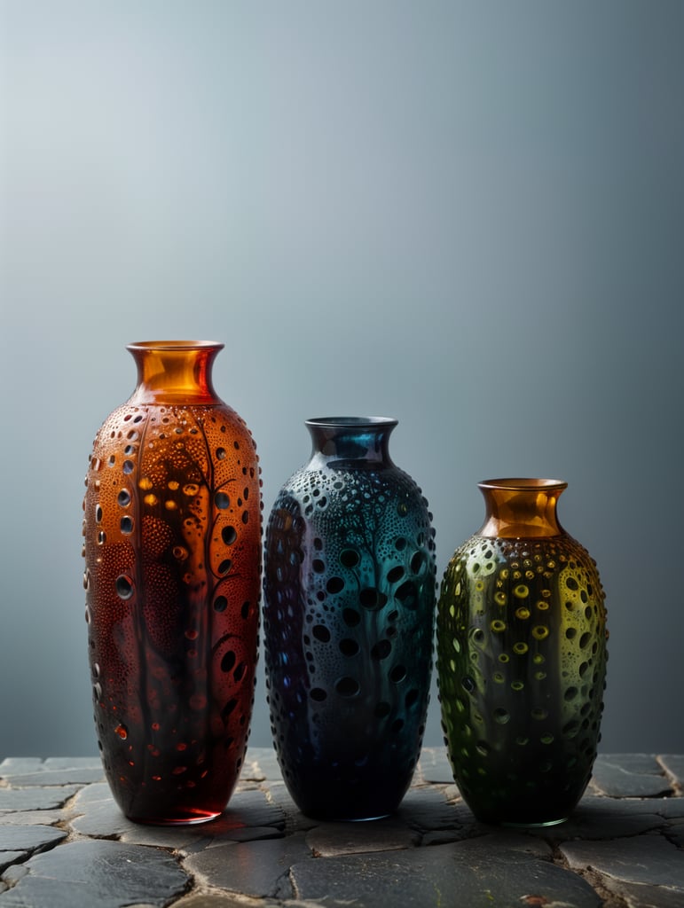 Semi-transparent vase with semi-translucent trypophobia texture, tall and slender, with professional Photography Set, placed in an environment inspired by the architecture of LUIS BARRAGÁN