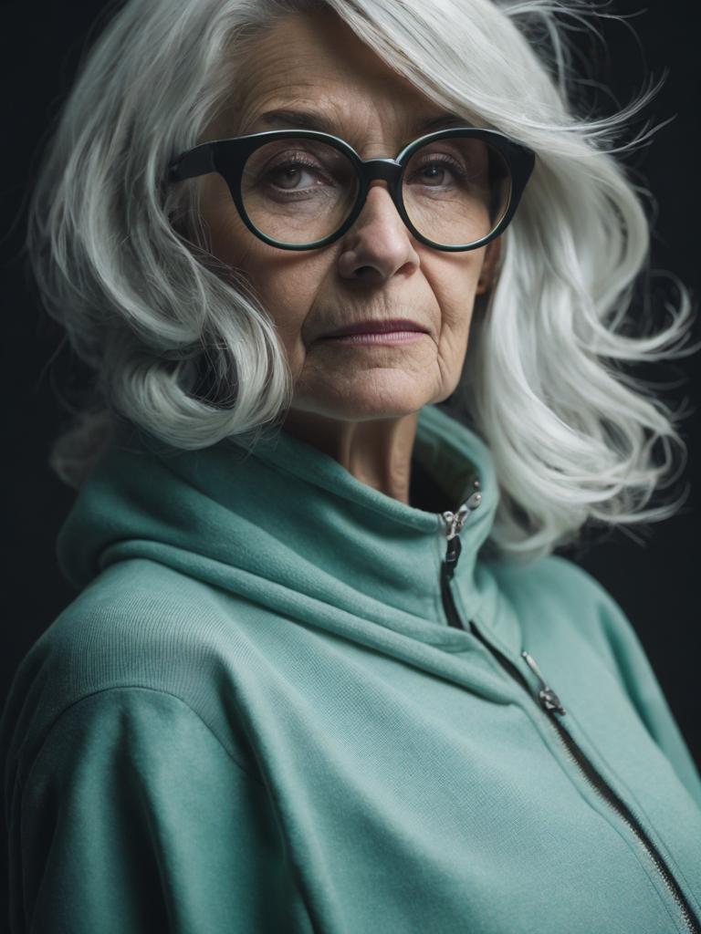 a gnome from fairytale supermodel 76 years old wearing a neon green helmet dressed in athletic clothing and glasses, in the style of futuristic glam, retro futurism, neon green clothing, glasses without color, clear glass, long white hair, teal background, mike campau, anton fadeev, high gloss, mono-ha