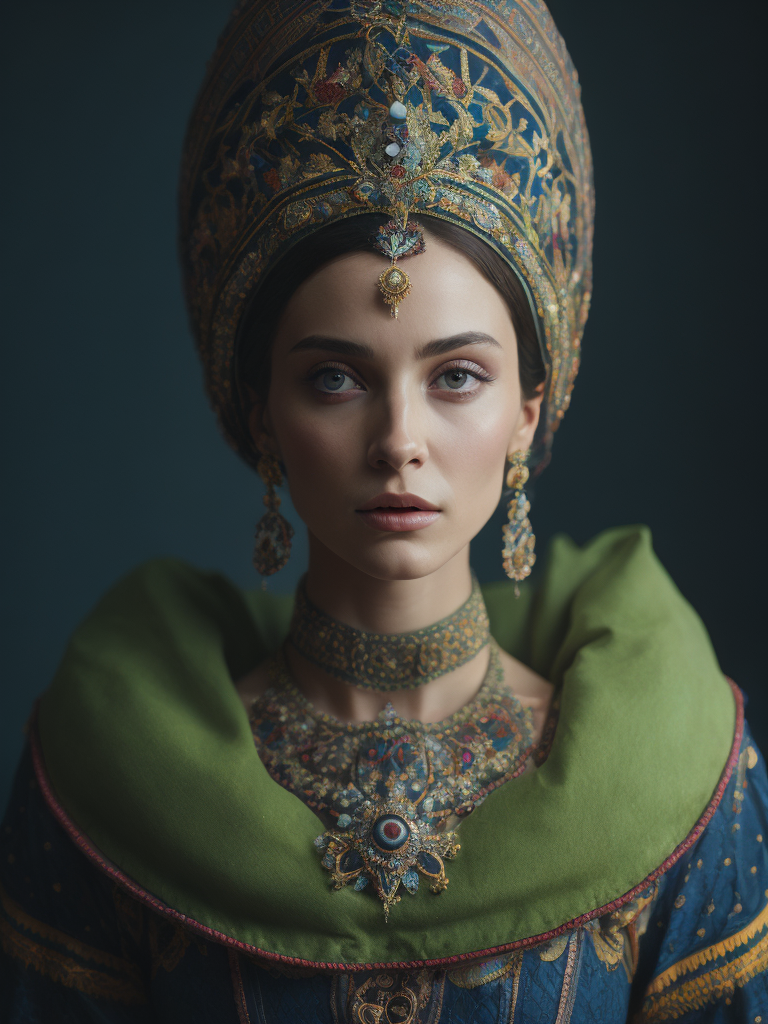 A beautiful girl in national Russian clothes, bright and colorful. In a kokoshnik. Standing straight looking into the lens.
