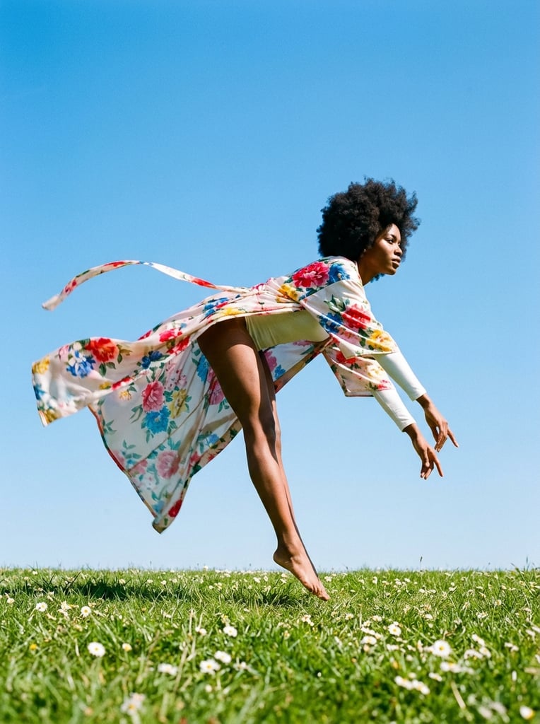Black woman with afro in white bodysuit and sheer flowing floral robe, extreme gravity-defying forward lean, low angle perspective, bright green grassy field with tiny white flowers, expansive clear blue sky, vivid colors, bright daylight, surreal fashion portrait