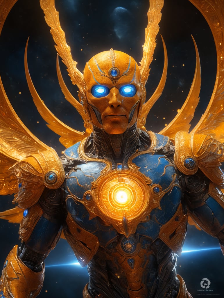 humanoid orange yellow with the border blue energy light flying in the eternal universe