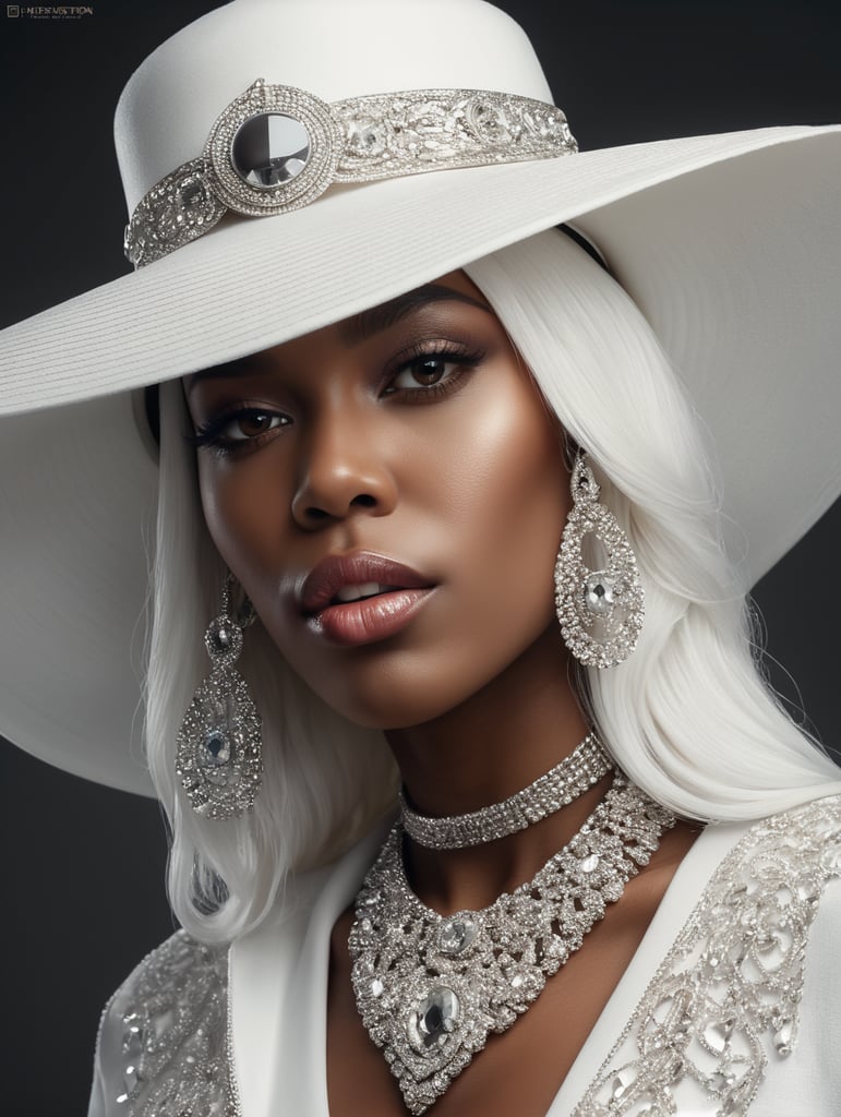 a black woman wearing an over sized white hat and jeans, in the style of modern jewelry, minimal retouching, kimoicore, dotted, ferrania p30, whiplash curves, celebrity photography
