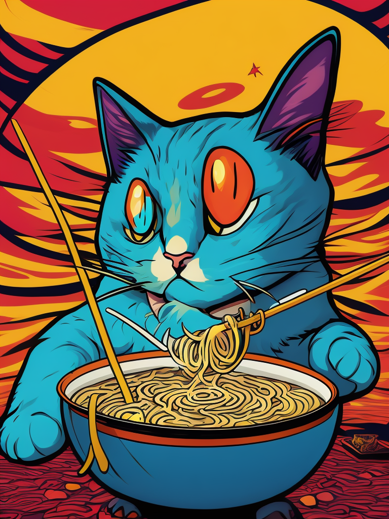 Cat eating ramen, trippy colors, cartoon style, comic style, manga style
