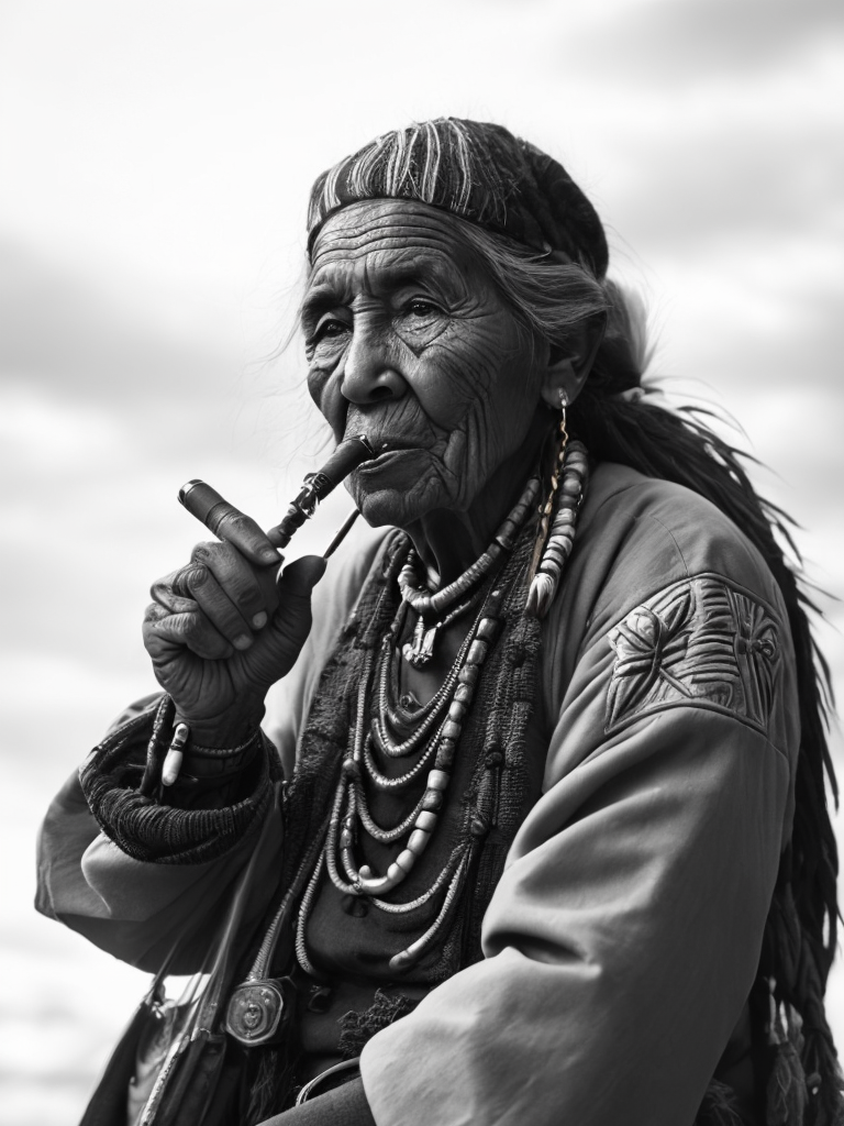 Canada's First Nations people, rare historical photo, black and white photography, a old woman smoking a pipe, redskin, native Americans