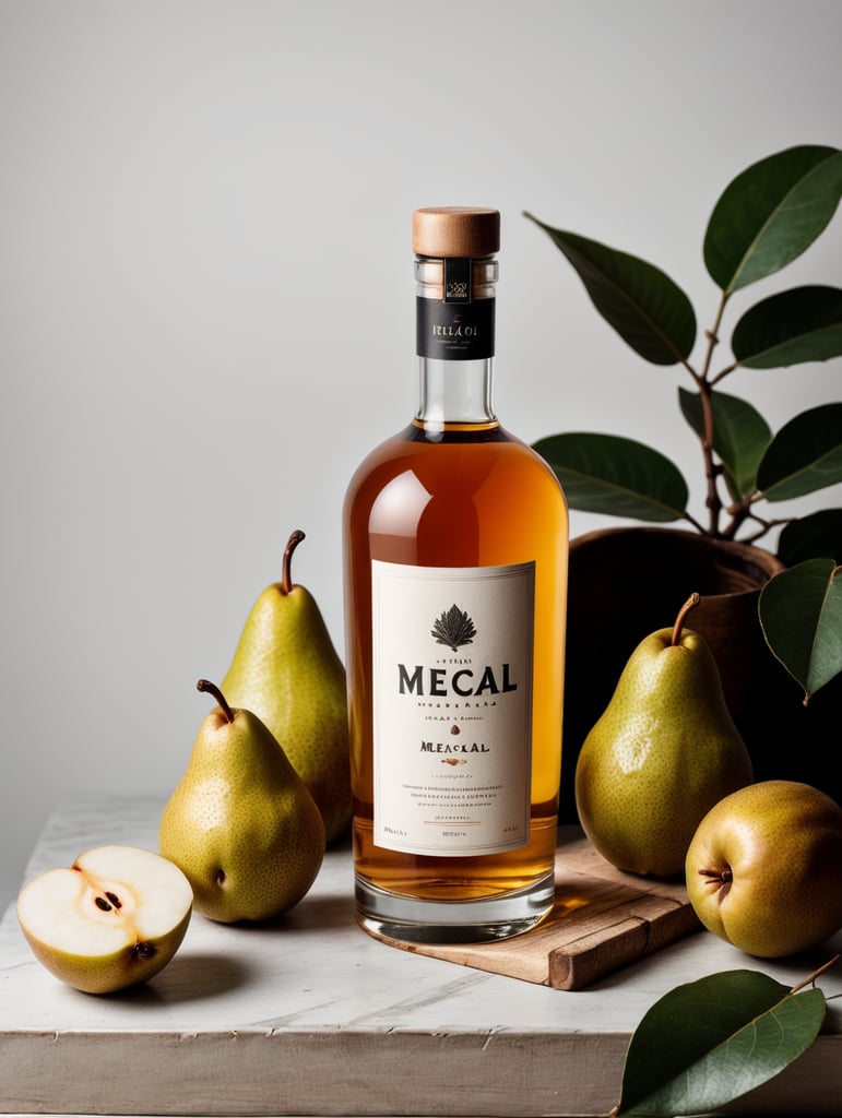 Packaging and branding for a mezcal brand as if it had been designed by HI ESTUDIO with In a set design with bricks, pears and dry leaves.