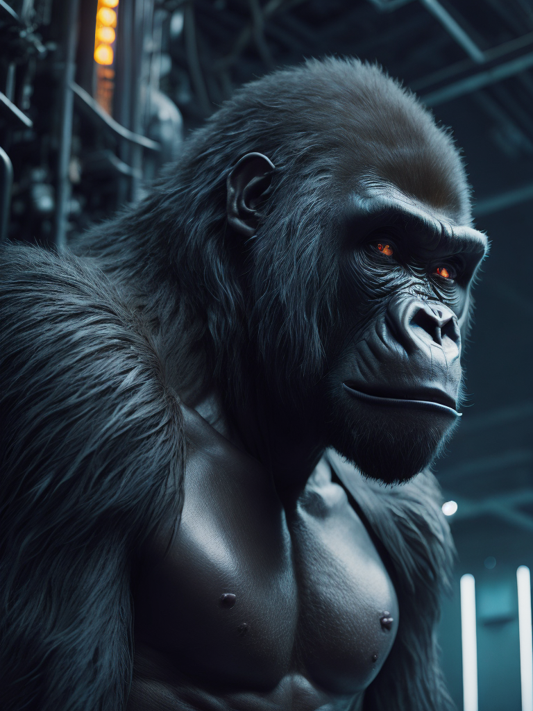 cybernetic gorilla, hyper-realistic, cyberpunk style, sharp on details,