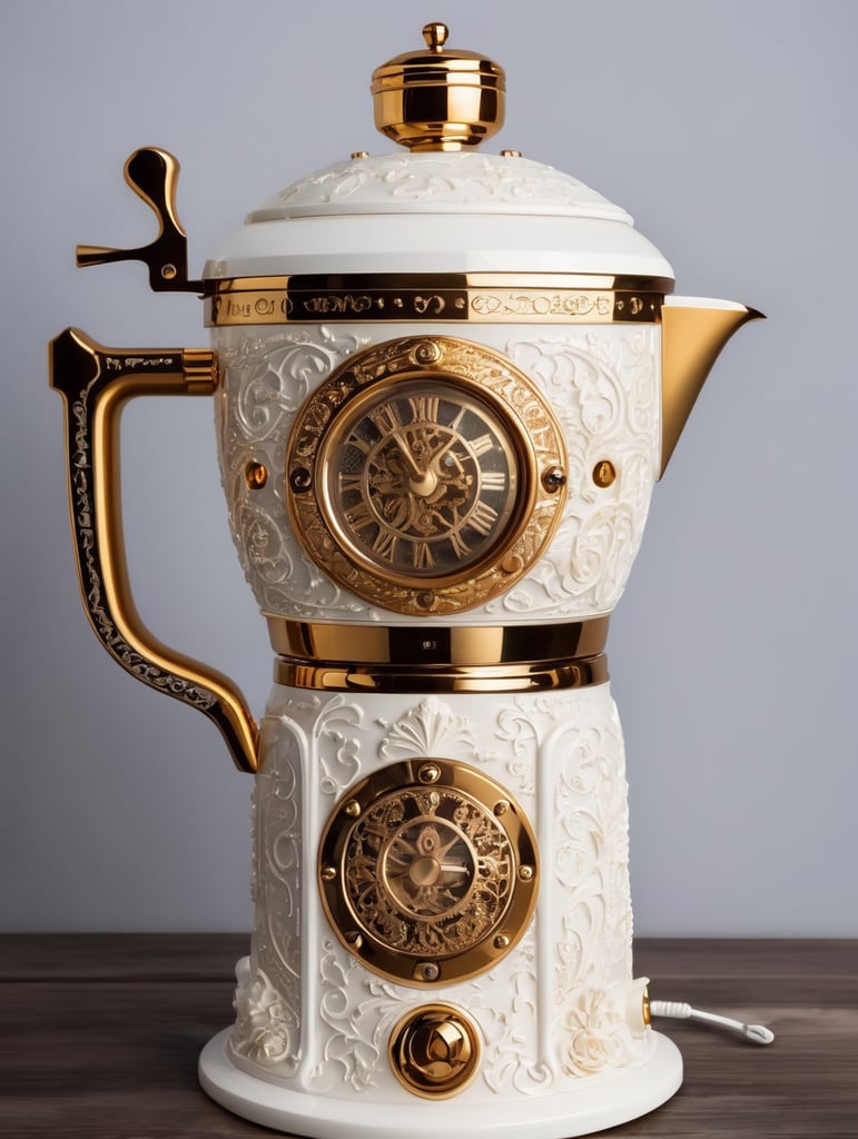 coffee maker made in steampunk style, decorated with gold, carved white plastic, ivory color, deep engraving