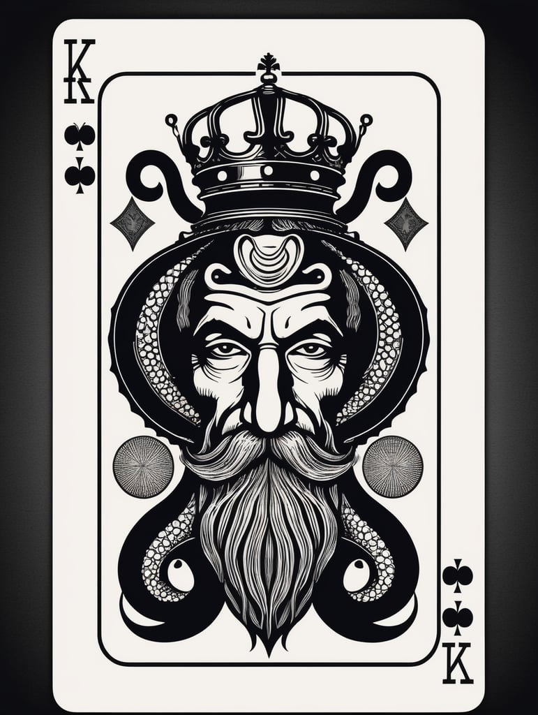 king octopus of clubs playing card, face card, linocut art style, black ink, ultra realism, simple lines, vector