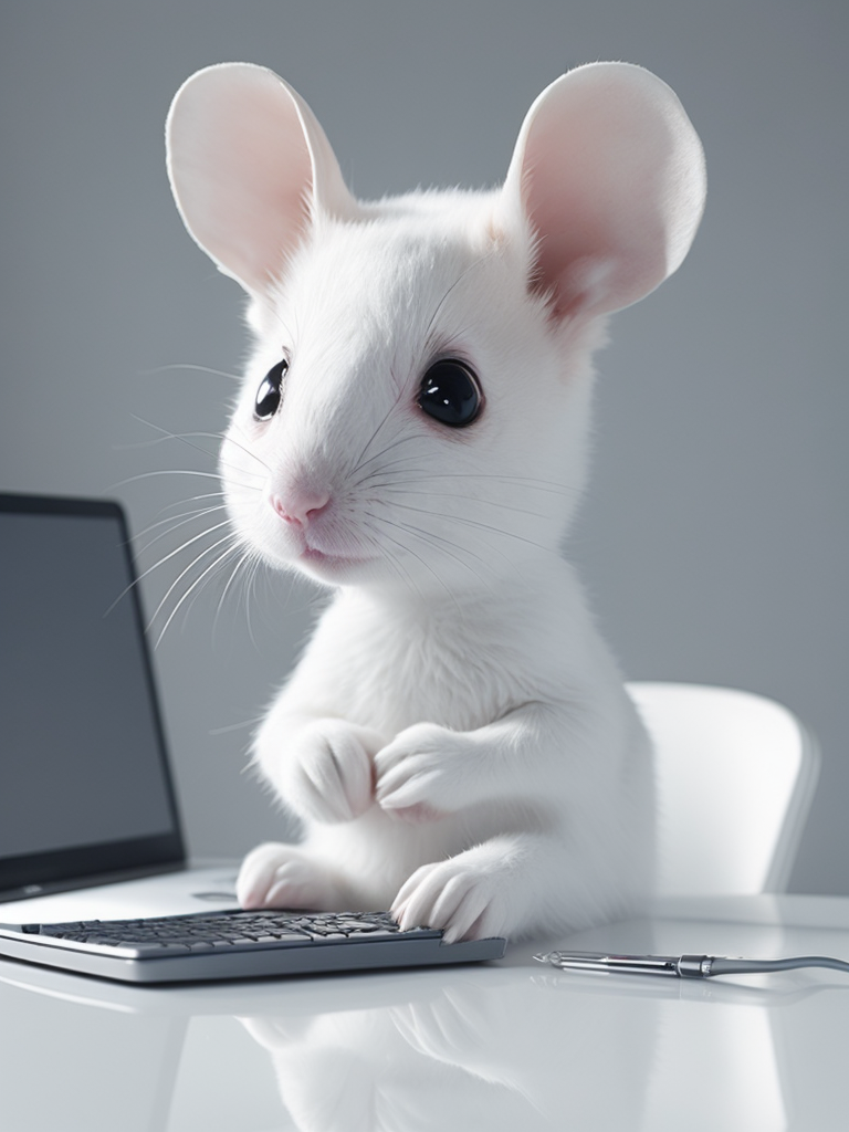 Cute white mouse look like a human stylized as a software engineer near the computer. Large free space on the left half of image. High key. White color.