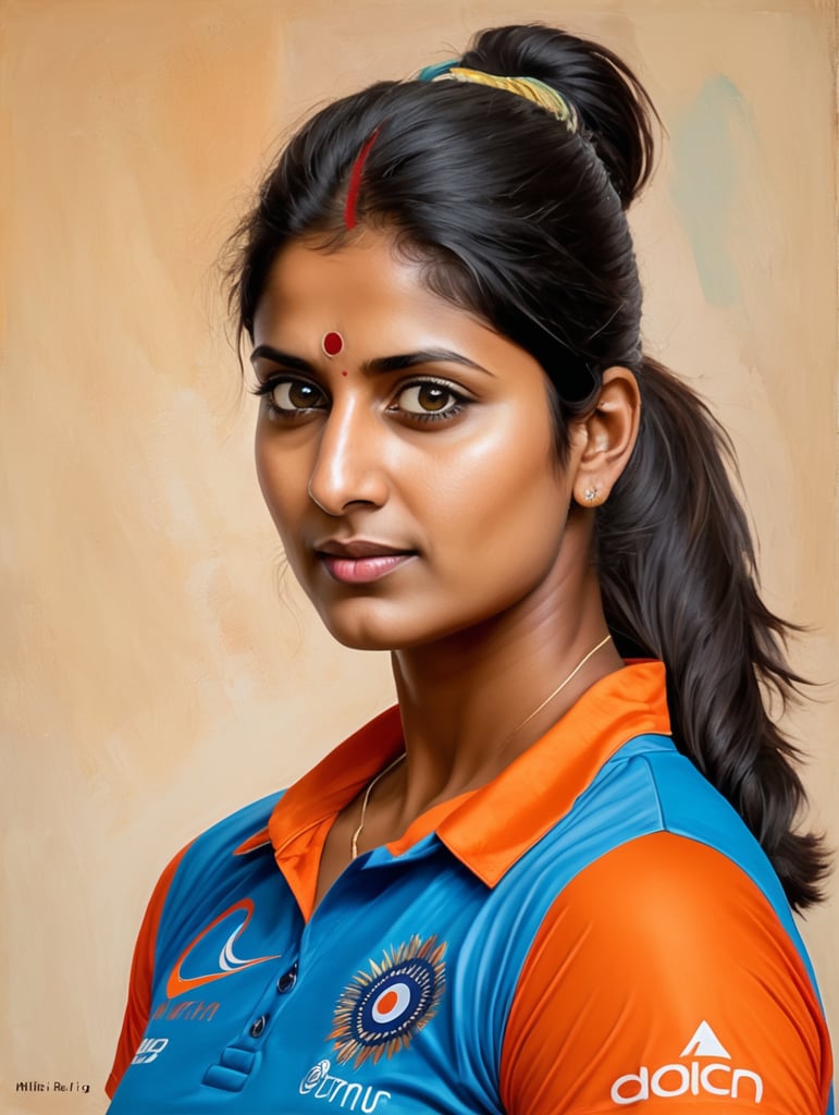 Mitali Raj, Indian cricketer - Abstract form, bold colors, patch work technique portrait side face, no make up, natural style