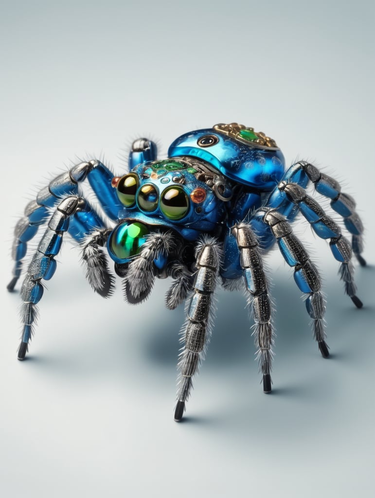 3D realistic mechanical jumping spider (Plexippus paykulli), isolate the spider, the jumping spider should be the same shape as a real the real insect that is now mechanical, with bright blues and greens metal colors with a iridescence exoskeleton, intricate details, nuts, bolts, gears and cogs and real-world mechanics on a bright and solid plain background with matching lights, eye level perspective, photo realistic, show the whole insect, minimalist composition,