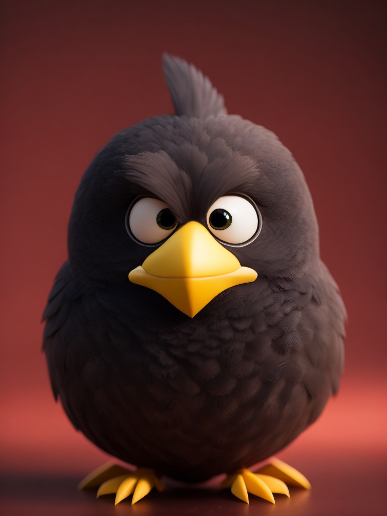 angry birds, black round bird on red background, standing centered in 3D style, rendered using beautiful Disney animation, Pixar style, Disney style, 3D style