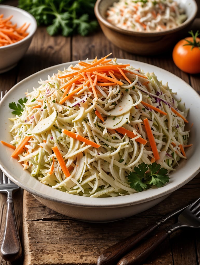 Coleslaw, small plate on a wooden table, Description: A classic side dish made from shredded cabbage and carrots, mixed with a creamy mayonnaise-based dressing or a tangy vinegar-based dressing, often served with barbecue and fried foods.