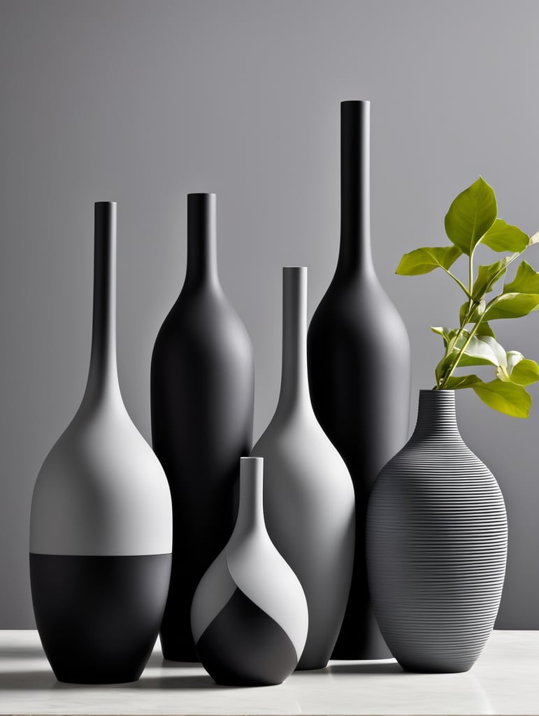 Una serie de 3 floreros de silicon minimalistas color negro y gris inspirados en el arte renacentista y el street art