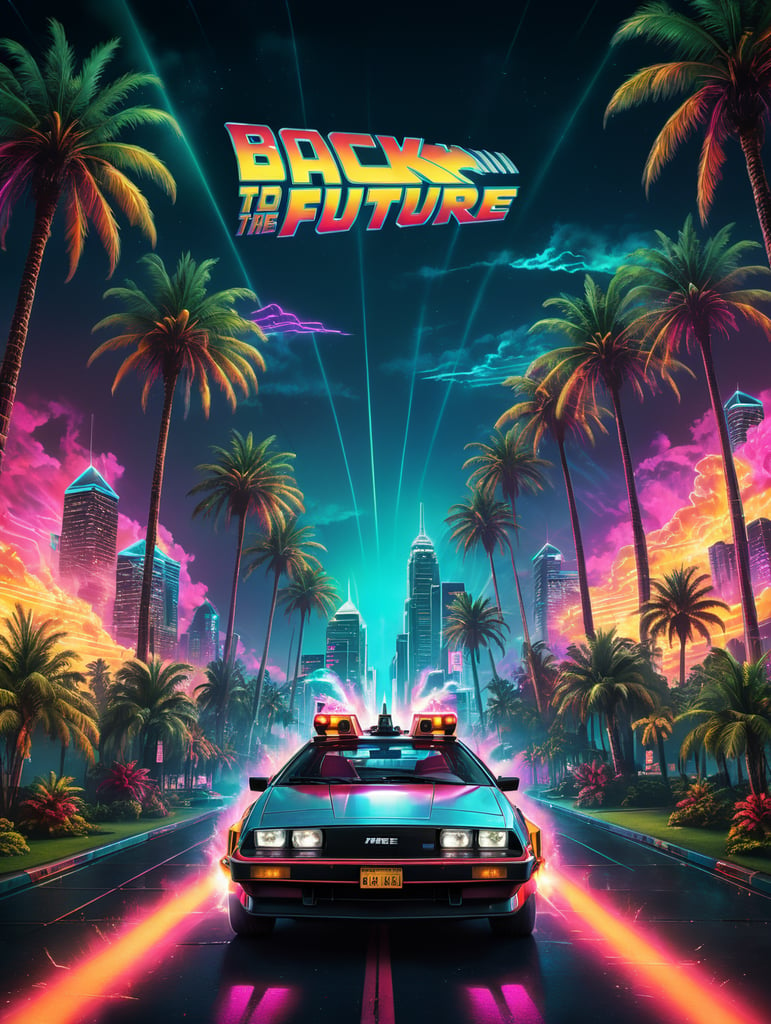 80's Back To The Future style retro party poster background with palm trees, trans am, city skyscapers, neon vibrant colours, synthwave, disco vibes,