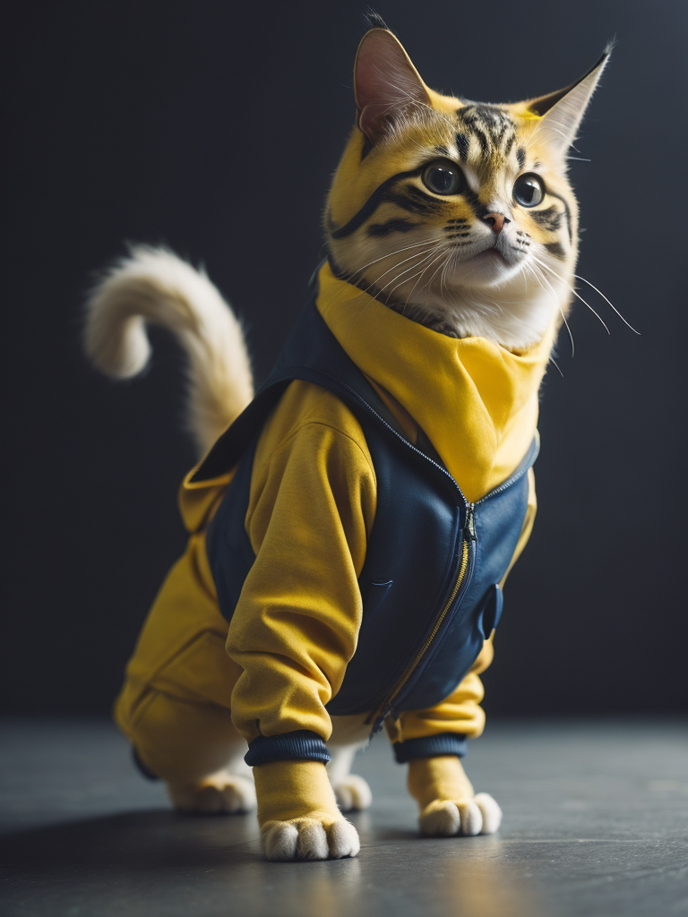 Photorealistic image of a Cat that looks like pikachu in a jumpsuit