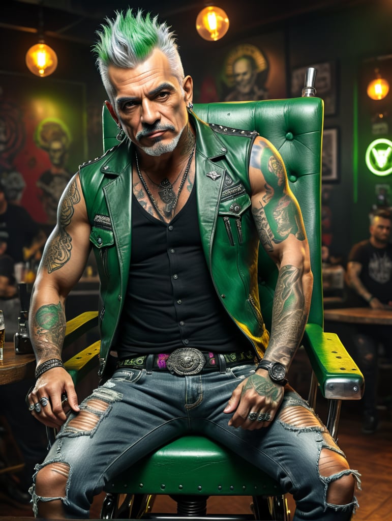 Alberto Baillères Mexican billionaire businessman as a punk rocker, full body, arms tattoos and face, piercing on face, green and white hair, on a rocker bar