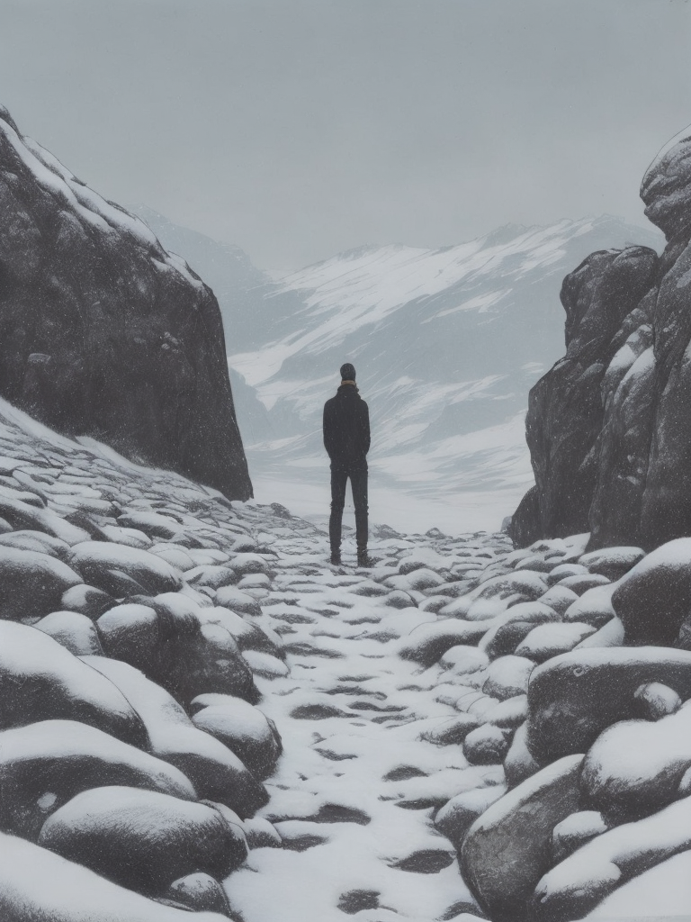 This artwork by George Wilson is a stunning drawing of a person standing in front of a snow-covered landscape of stones and sky.
