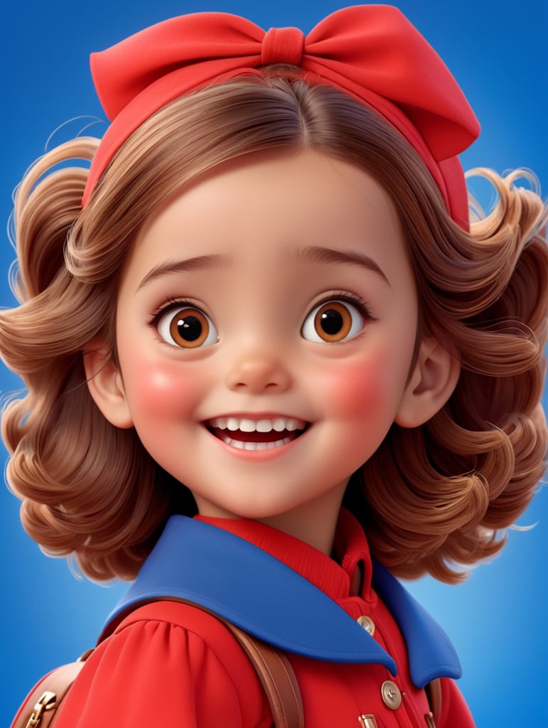 photo happy little girl going to travel, cute girl, dressed in all red, blue background, harpers bizarre, cover, headshot, hyper realistic