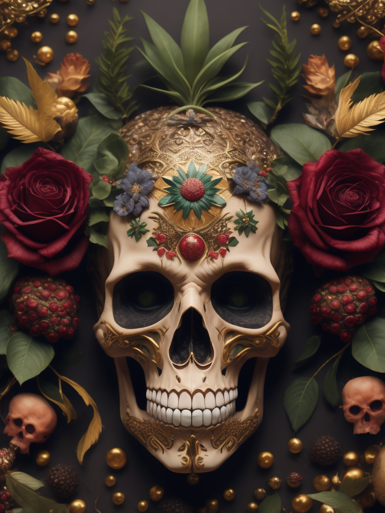Mexican skull calavera, surrounded by poetic ornamental elements such as fruits, flowers, garlands of lights and native plants, colors pink, green, gold and black, 3d style, painting art, highly detailed, surrealist