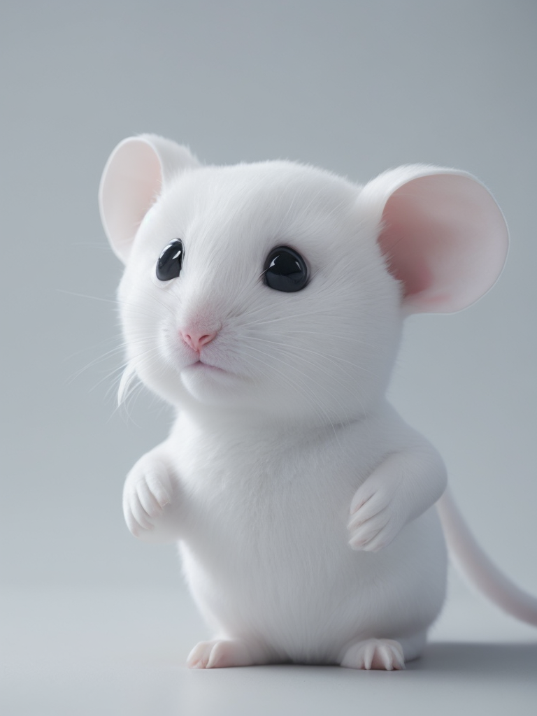 Cute white mouse look like a human stylized as a software engineer near the computer. Large free space on the left half of image. High key. White color.