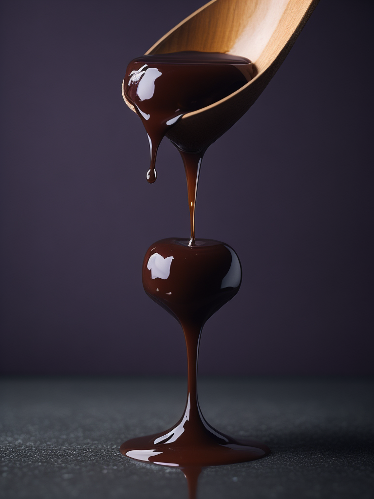 a photo of honey from the wooden spoon going down on the melted chocolate, deep purple background, deep atmosphere