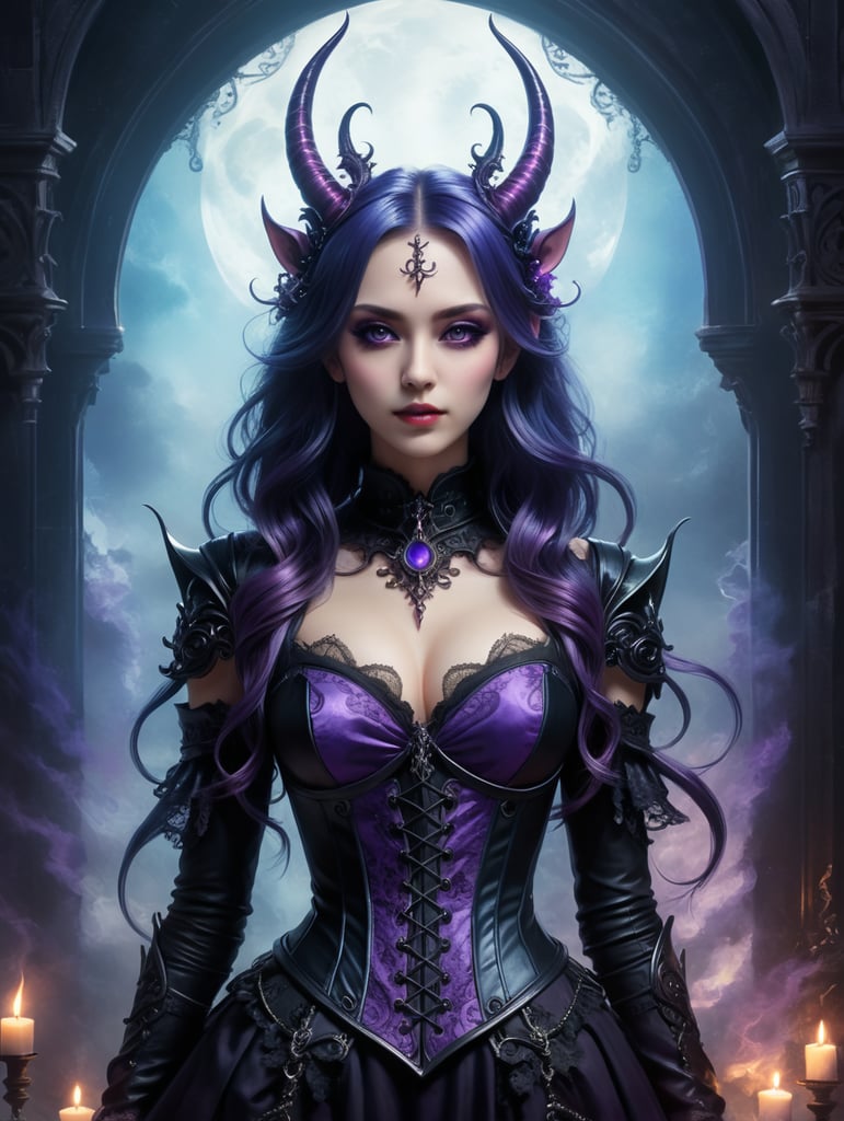 Design an anime character in a gothic style with a touch of atractive. The character should have small adorned horns, and be draped in dark-toned clothing. Set the character against a background with a perspective view featuring swirling hues of purple and blue magic. dark silhouette Character Design: Gender: Female Appearance: Style: Gothic very beautiful and dark Features: Small adorned horns (placement at your discretion) Body: hourglass figure Hair: Long and flowing, dark-colored (black, dark purple, etc.) Eyes: Mysterious and captivating (color open to interpretation) Clothing: Dark, gothic attire with intricate details (corsets, lace, etc.) Expression: mysterious Background: Style: Magical and ethereal Colors: Swirling hues of purple and blue, creating a mystical atmosphere Perspective: Background should have depth, possibly with elements fading into the distance More magic and mysterious