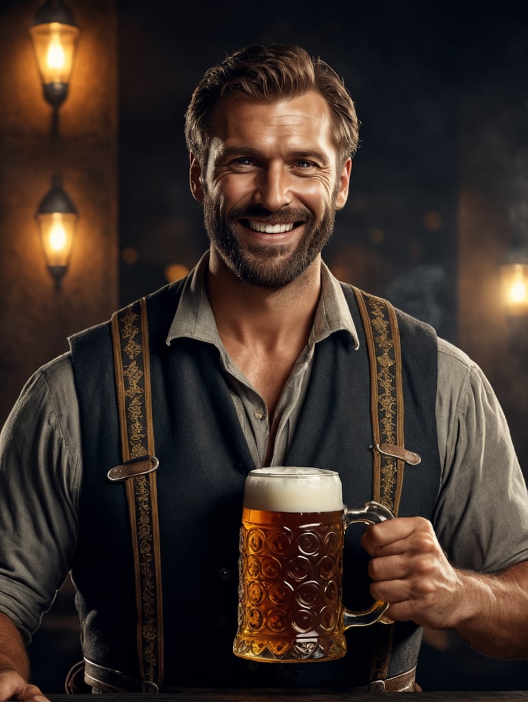 Bavarian man holding a mug of a beer, happy, traditional german costume, Oktoberfest, poster