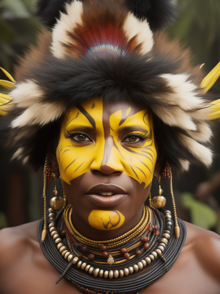 papua new guinea native person female wearing headdress, face paint, incredibly detailed , vibrant moody lighting, close up of face