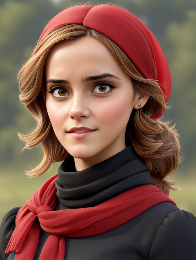 Portrait of Emma Watson wearing black blouse with red scarf, ultra realistic