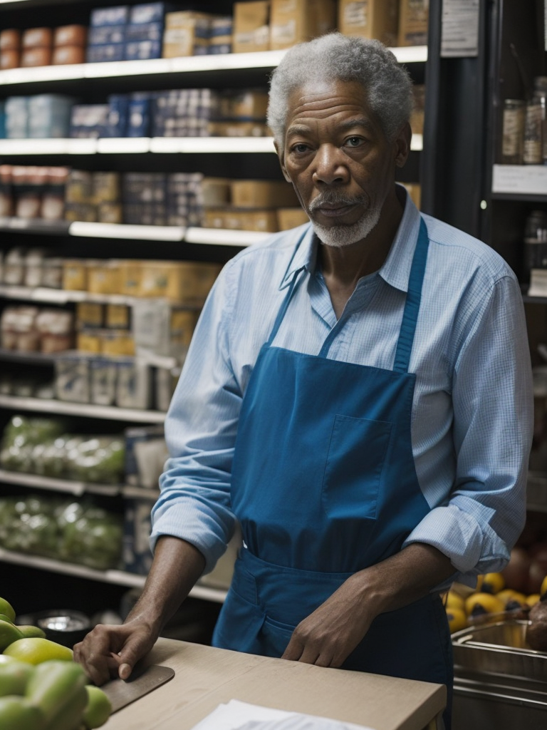 portrait of Morgan Freeman as a cashier, wearing a blue apron, in a grocery store
