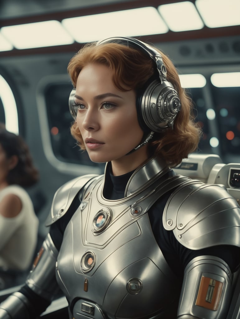as a female cyborg, 70's sci fi, film grab, retrofuturistic, she's piloting a spaceship, 50mm, wide shot, fully body shot, Kodachrome, 1977, visible film grain
