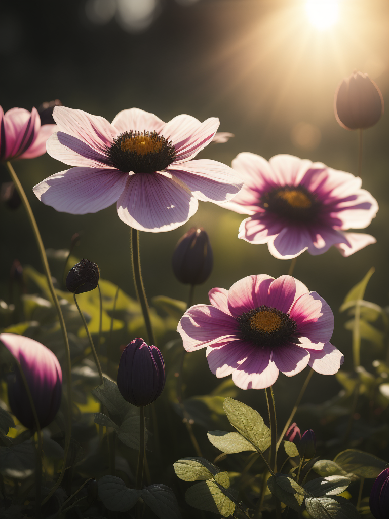 цветы анемоны, светит солнце в саду