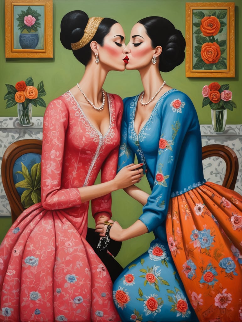 a two women kissing, style of Catherine Nolin, Painting, Acrylic, Oil, Portrait, Interior, USA
