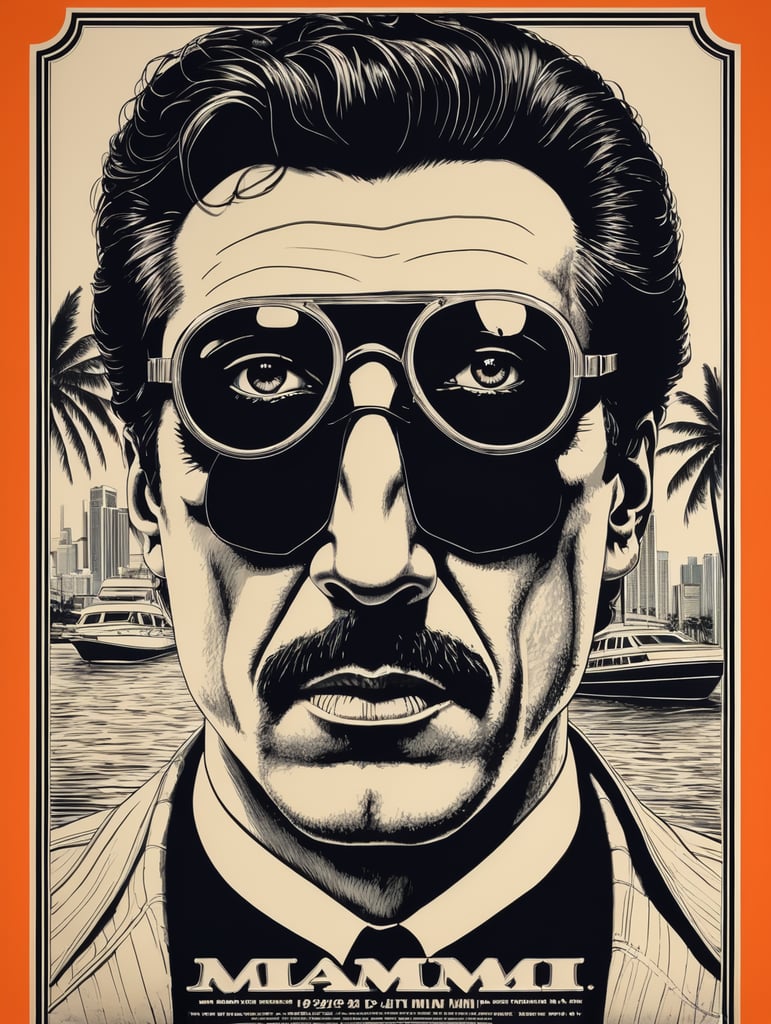 Miami 1984 cocaine eye-catching poster-style drawing and illustration representing the iconic pulp style.