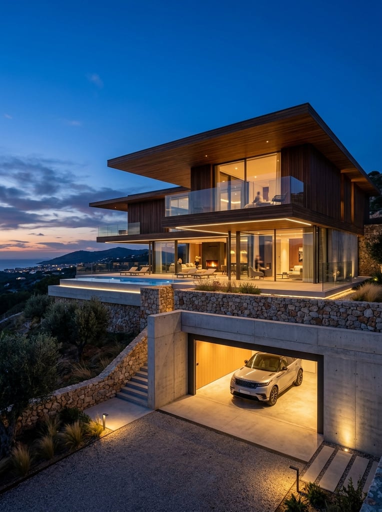 contemporary luxury villa at twilight, cantilevered flat roofs, warm glowing interior lighting against a deep blue sky, wood paneling, glass balconies, hillside foundation with rustic stone walls and exposed concrete, open garage illuminating a parked silver SUV, horizontal lines, photorealistic architectural rendering