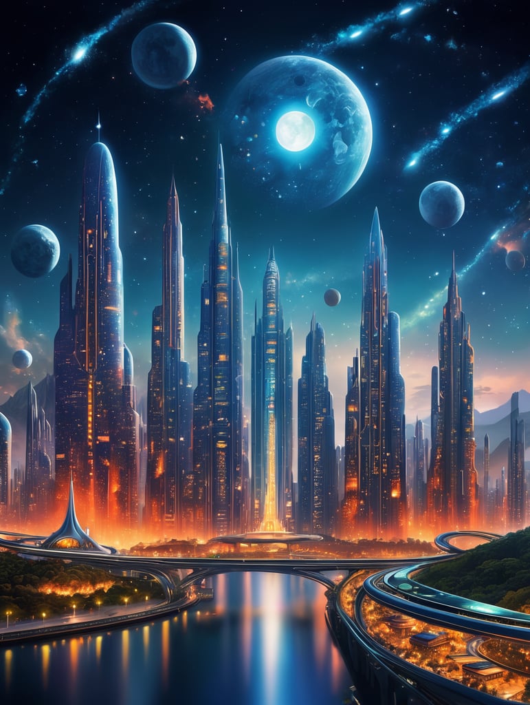 Design a futuristic extraterrestrial metropolis where buildings are adorned with luminous patterns, and the night sky is ablaze with artificial constellations, creating a cityscape that is both awe-inspiring and visually stunning