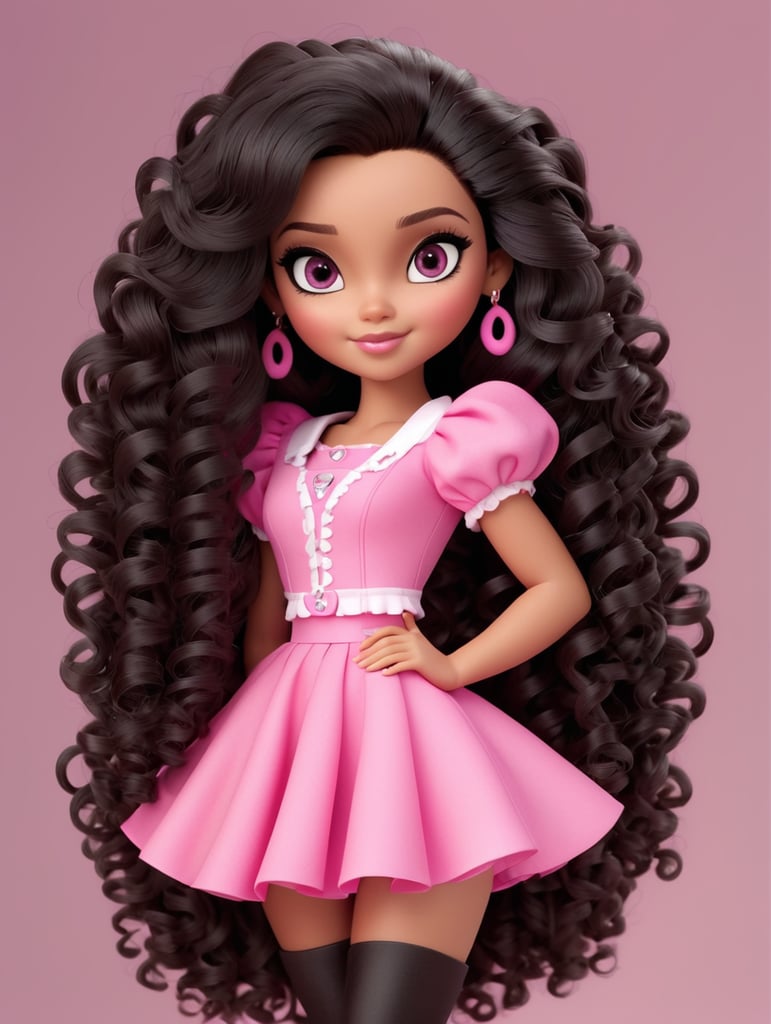 long black medium curly hair, dark brown eyes, pink outfit, bratz doll style