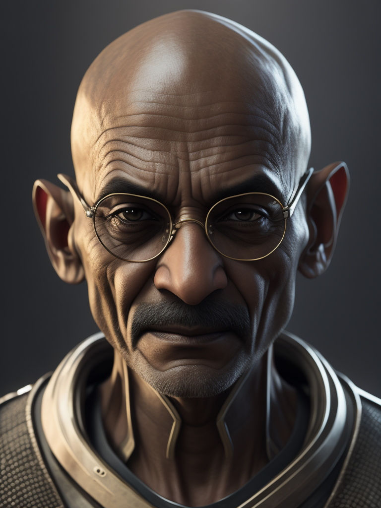 Gandhi as a futuristic half-human half machine warrior ready for the combat