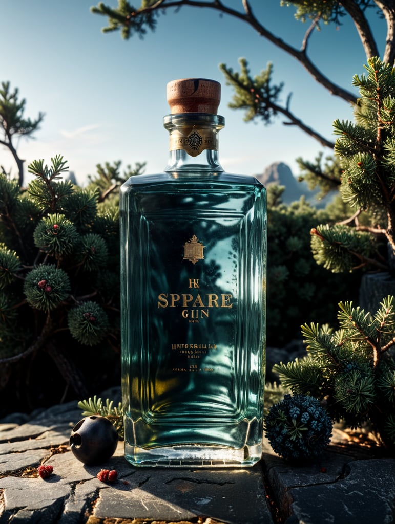 professional photography of a square gin bottle, square bottle, surrounding a juniper and juniper berries, one shot of gin in a front, no label, clear, mockup