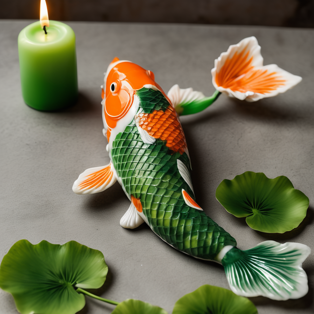 A koi fish with legs with a cast on one leg and a green candle next to it