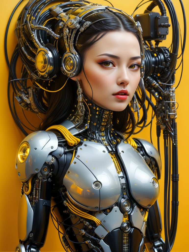 Half body photography, in front of a yellow wall, a futuristic cyborg woman, full of cables and wires and led, an well shaped transparent dark plexiglass latex body plc robots with silver motor head, 80 degree view, art by sergio lopez, natalie shau, james jean and salvador dali