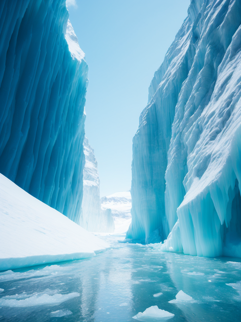 An ice canyon in antarctica, deep colors, amazing view, sunny weather, blocks of ice, high quality details
