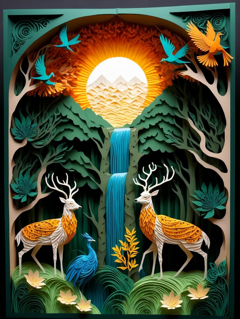 Papercut colorful nature with forest and waterfall with deer, birds of paradise, peacocks and other forest animals